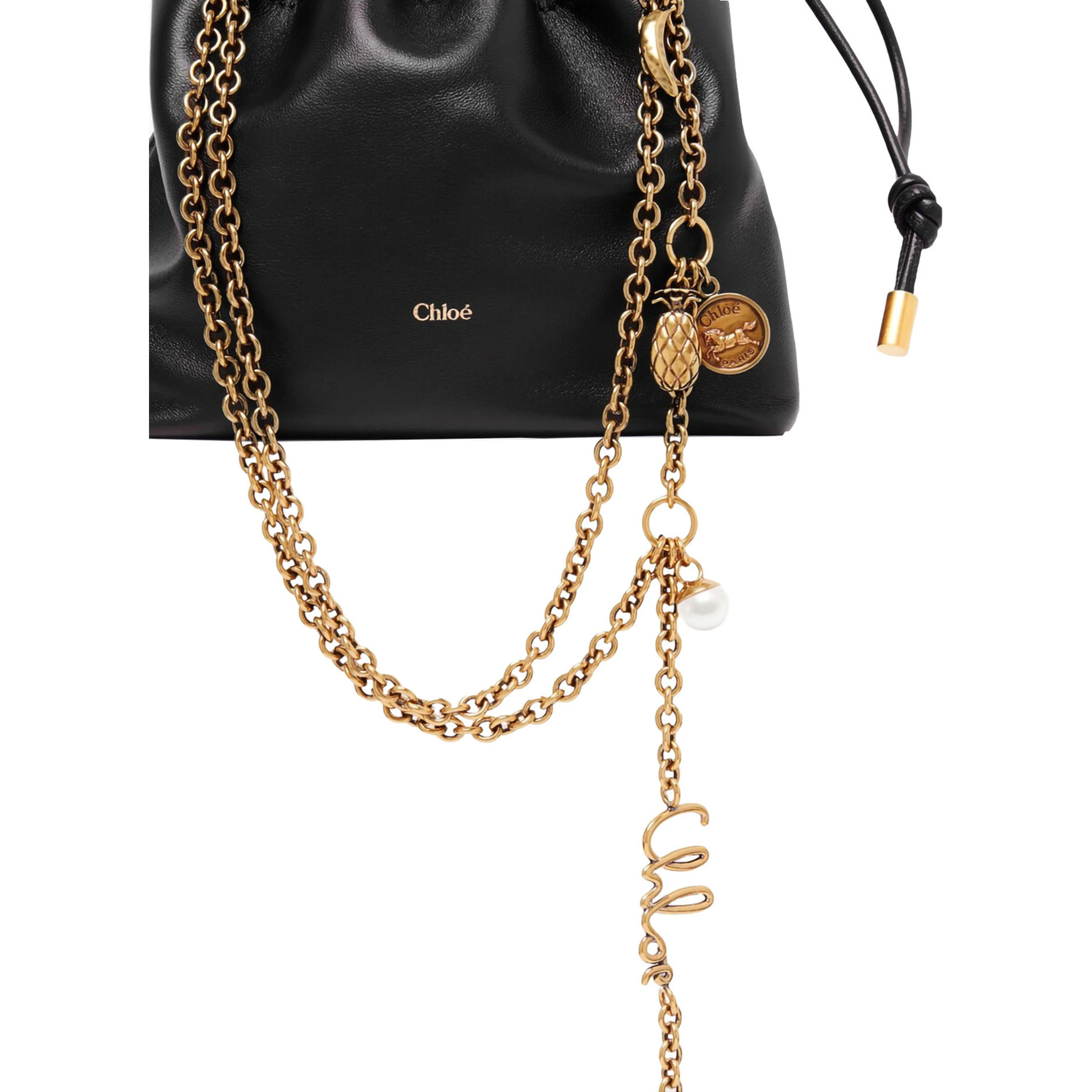 Black handbag with chain shoulder strap and logo charm in leather for women