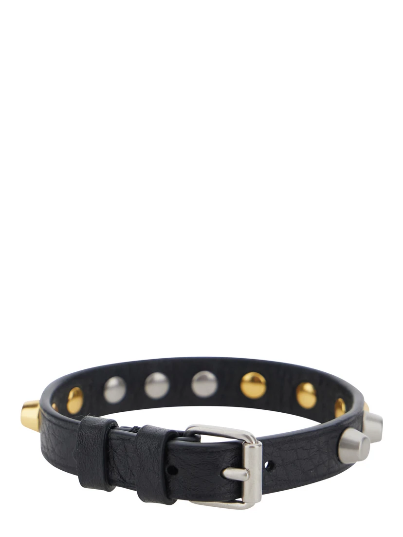 Black Bracelet with Rockstud decoration and adjustable buckle closure in leather for men