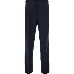 Blue Pants with Belt Loops and Front Pleats in Wool Blend for Men