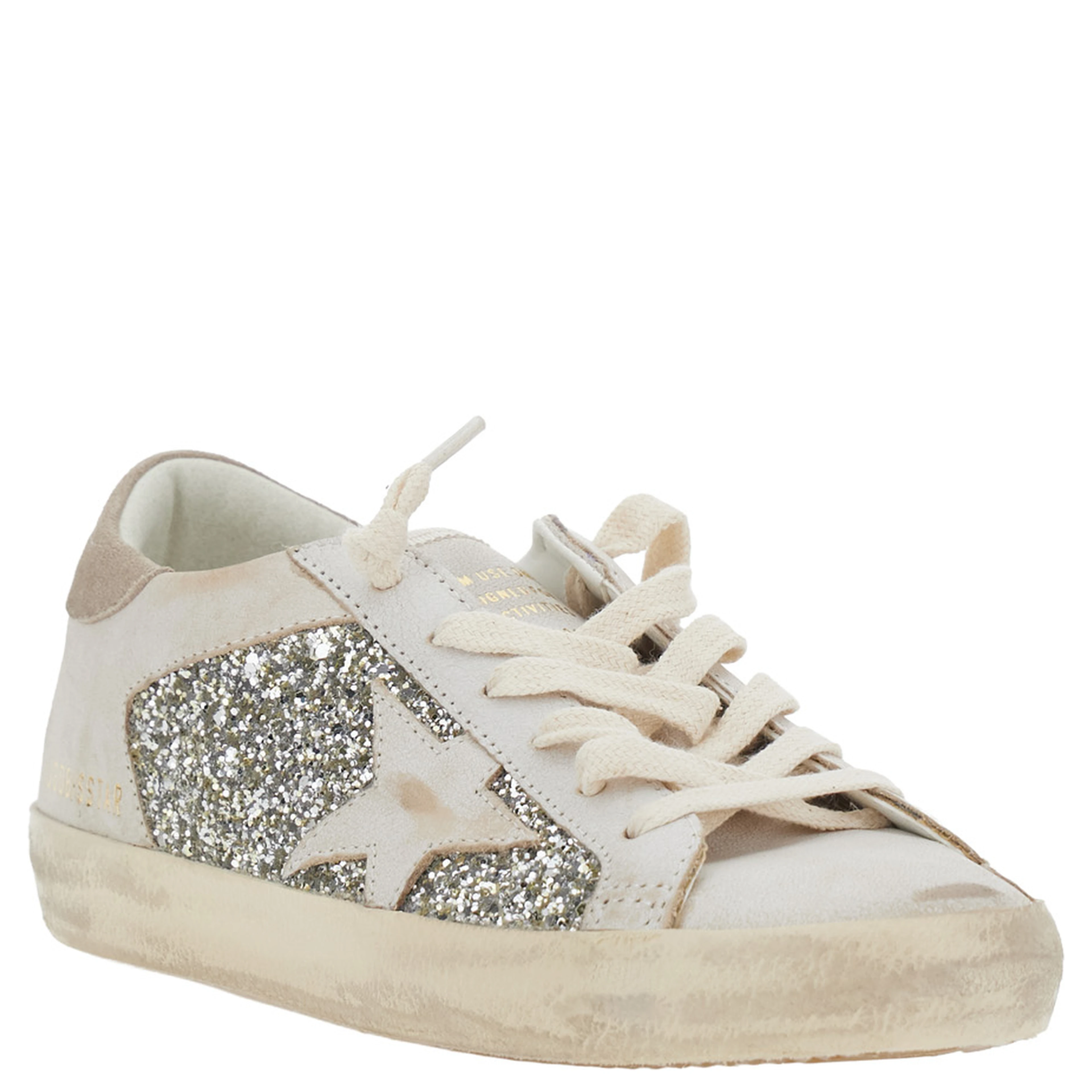 Superstar Beige Low Top Sneakers with Glitter Details on the Side and Logo Lettering on the Heel in Suede for Women