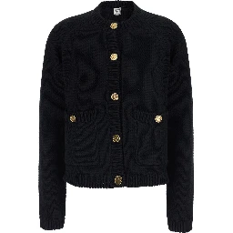 Black Crew neck cardigan with two patch pockets on the front in cotton for women