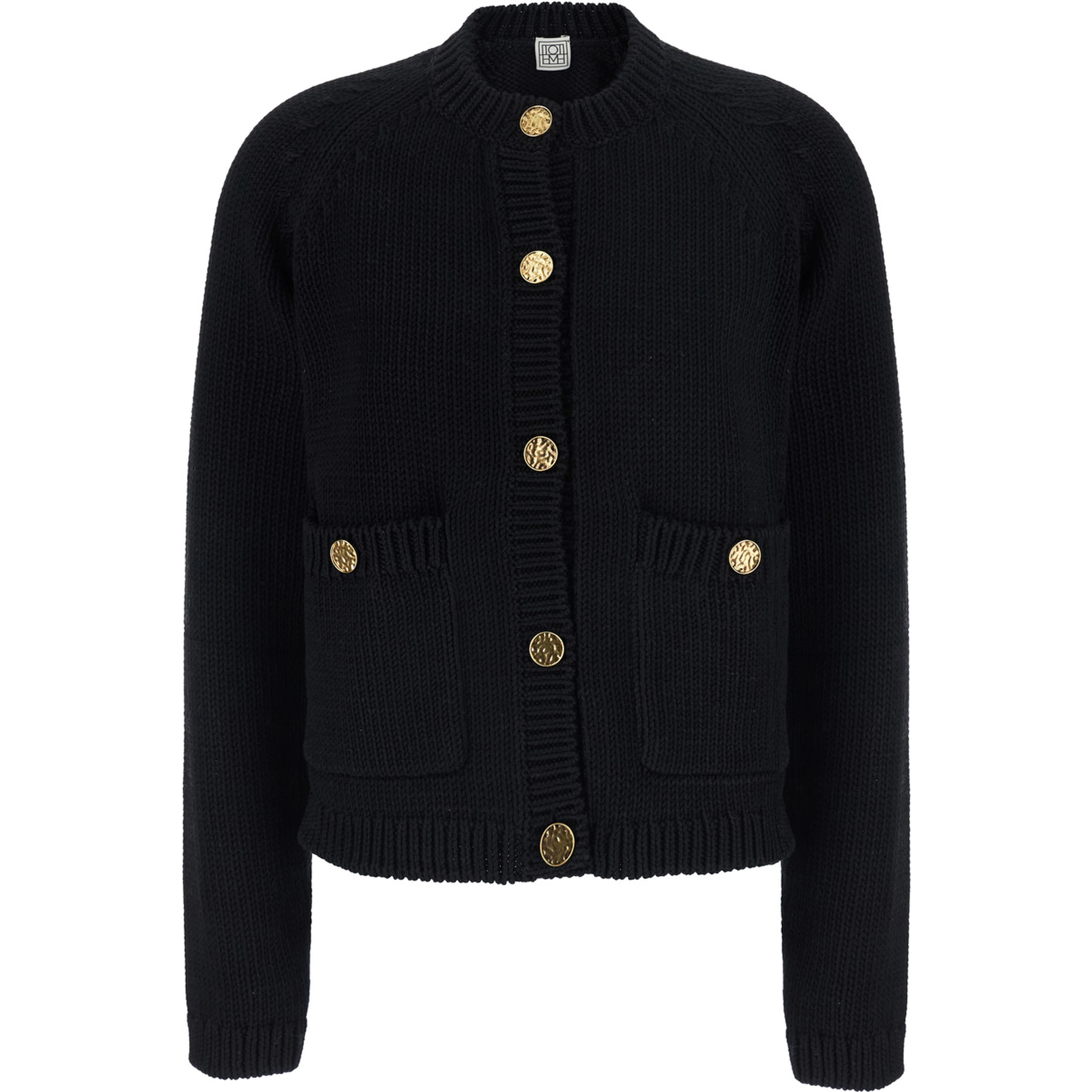 Black Crew neck cardigan with two patch pockets on the front in cotton for women