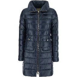Blue Down Jacket with Zip Closure and Two Patch Pockets in Tech Fabric for Women