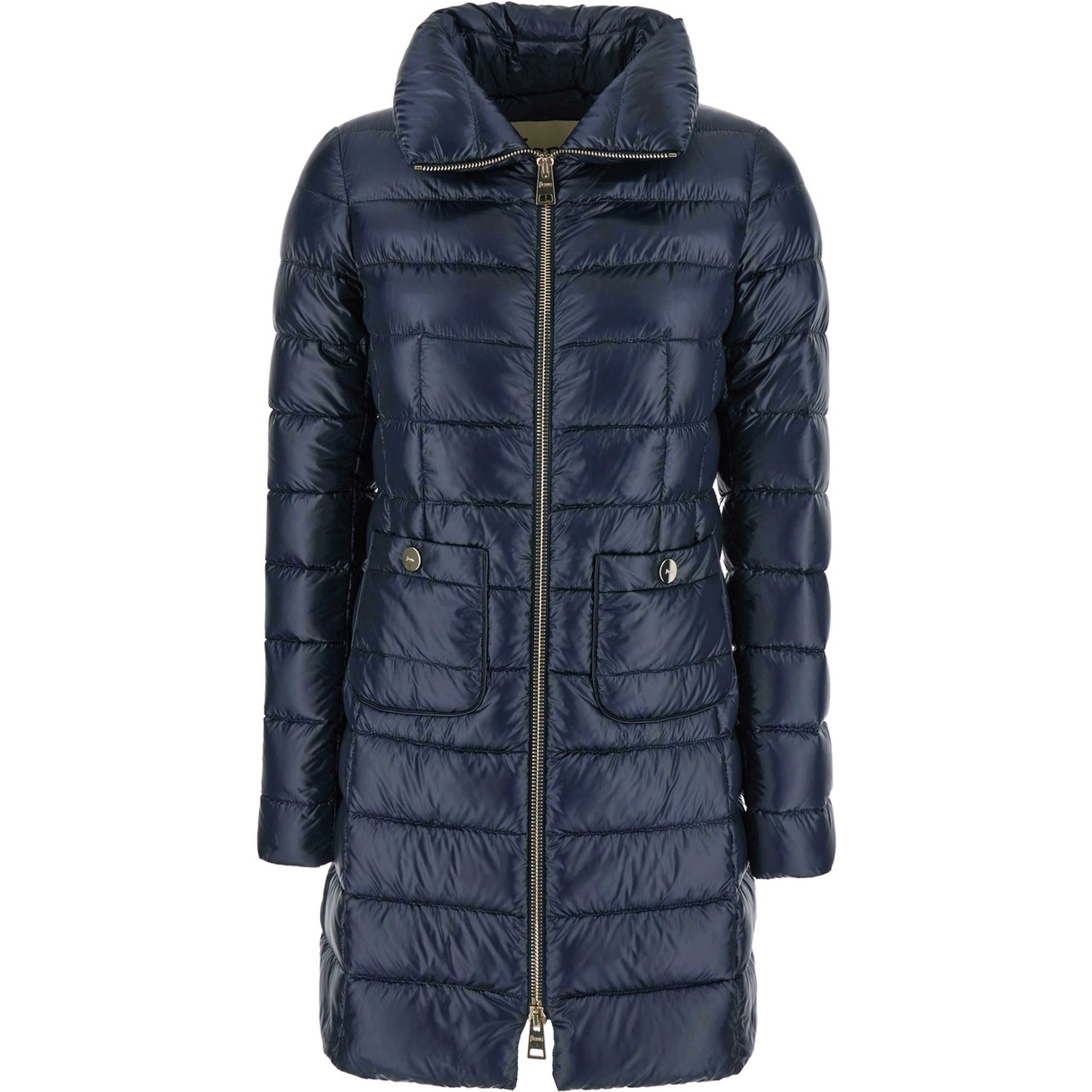 Blue Down Jacket with Zip Closure and Two Patch Pockets in Tech Fabric for Women