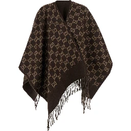 Cape with Fringes and GG All-Over Motif in Brown Wool for Women
