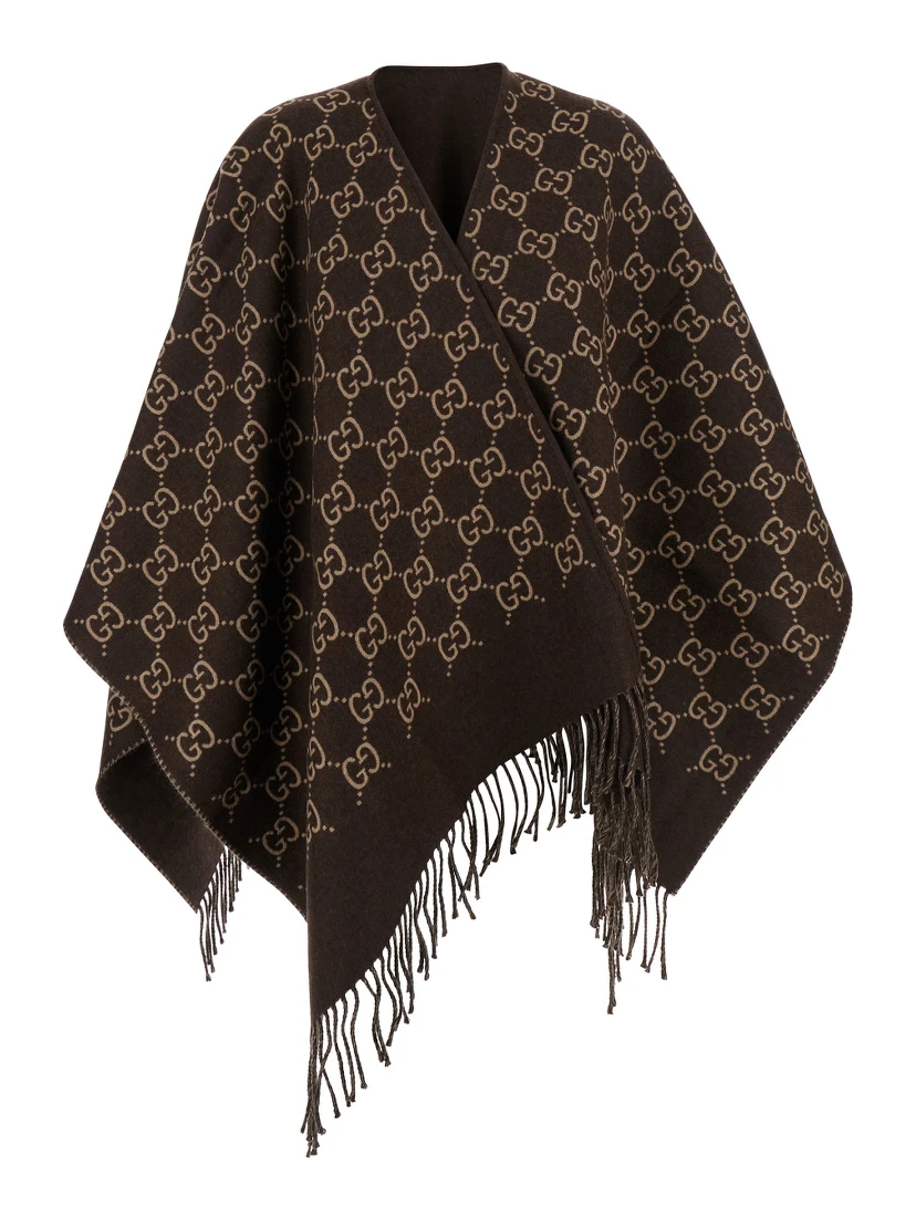 Cape with Fringes and GG All-Over Motif in Brown Wool for Women