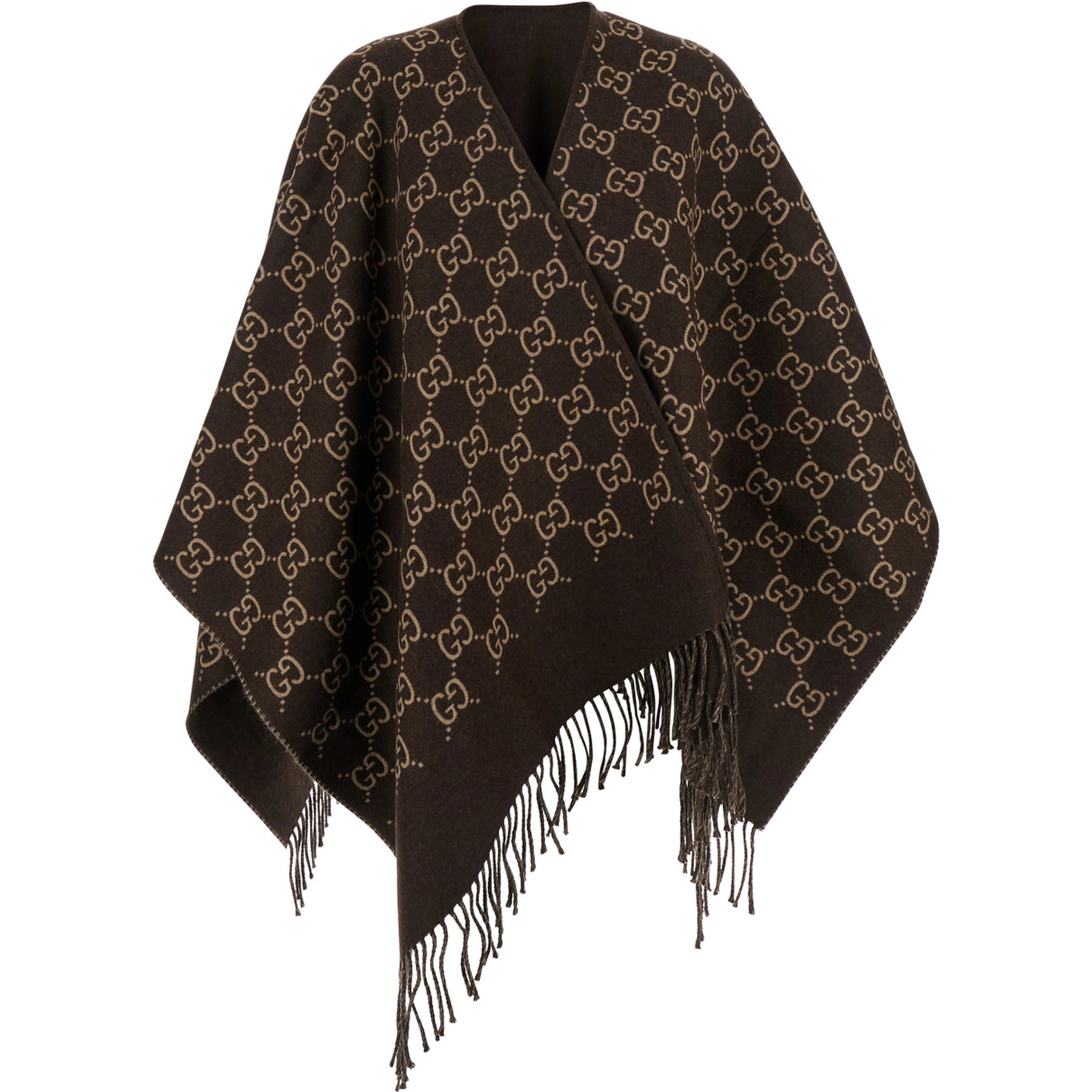 Cape with Fringes and GG All-Over Motif in Brown Wool for Women
