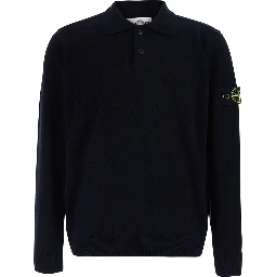 blue Polo Shirt with logo patch applied on the sleeve in wool for men