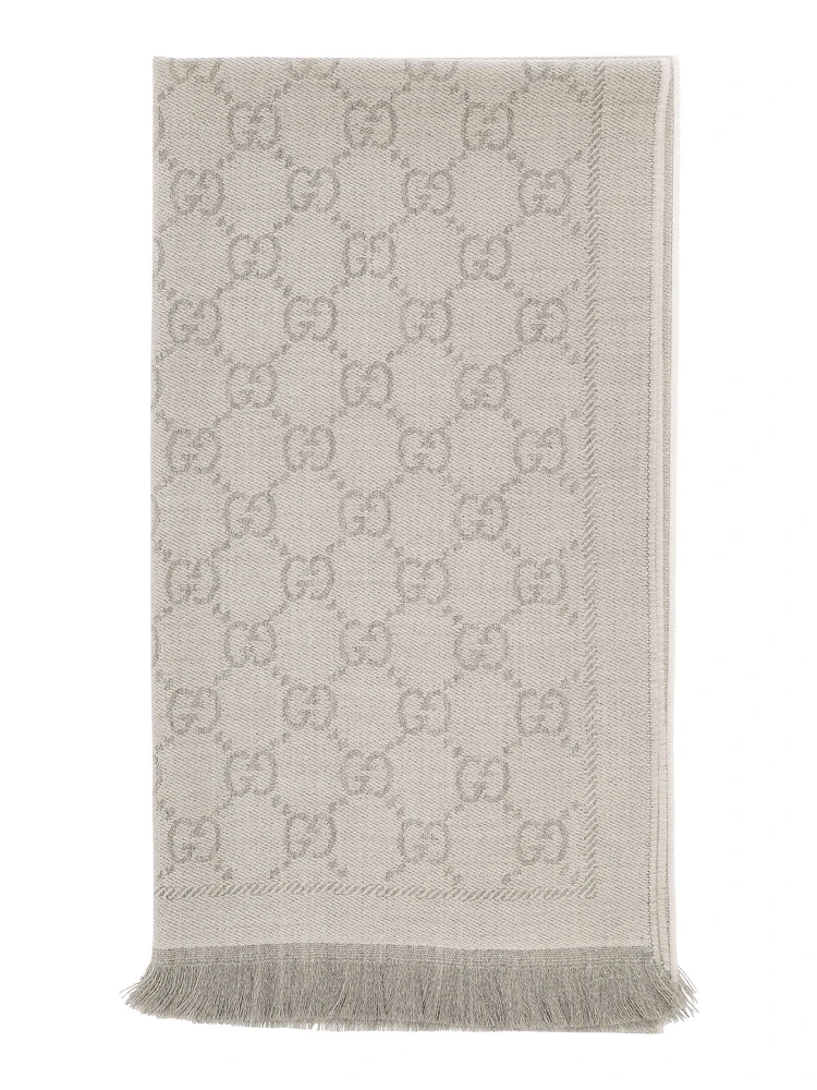 Gray Wool GG Jacquard Motif Knit Scarf for Women