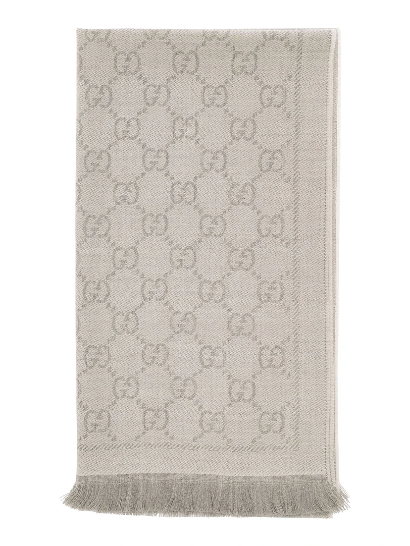 Gray Wool GG Jacquard Motif Knit Scarf for Women