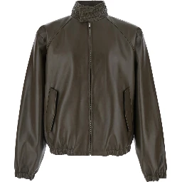 green Jacket with high collar with Intreccio Motif in leather for men
