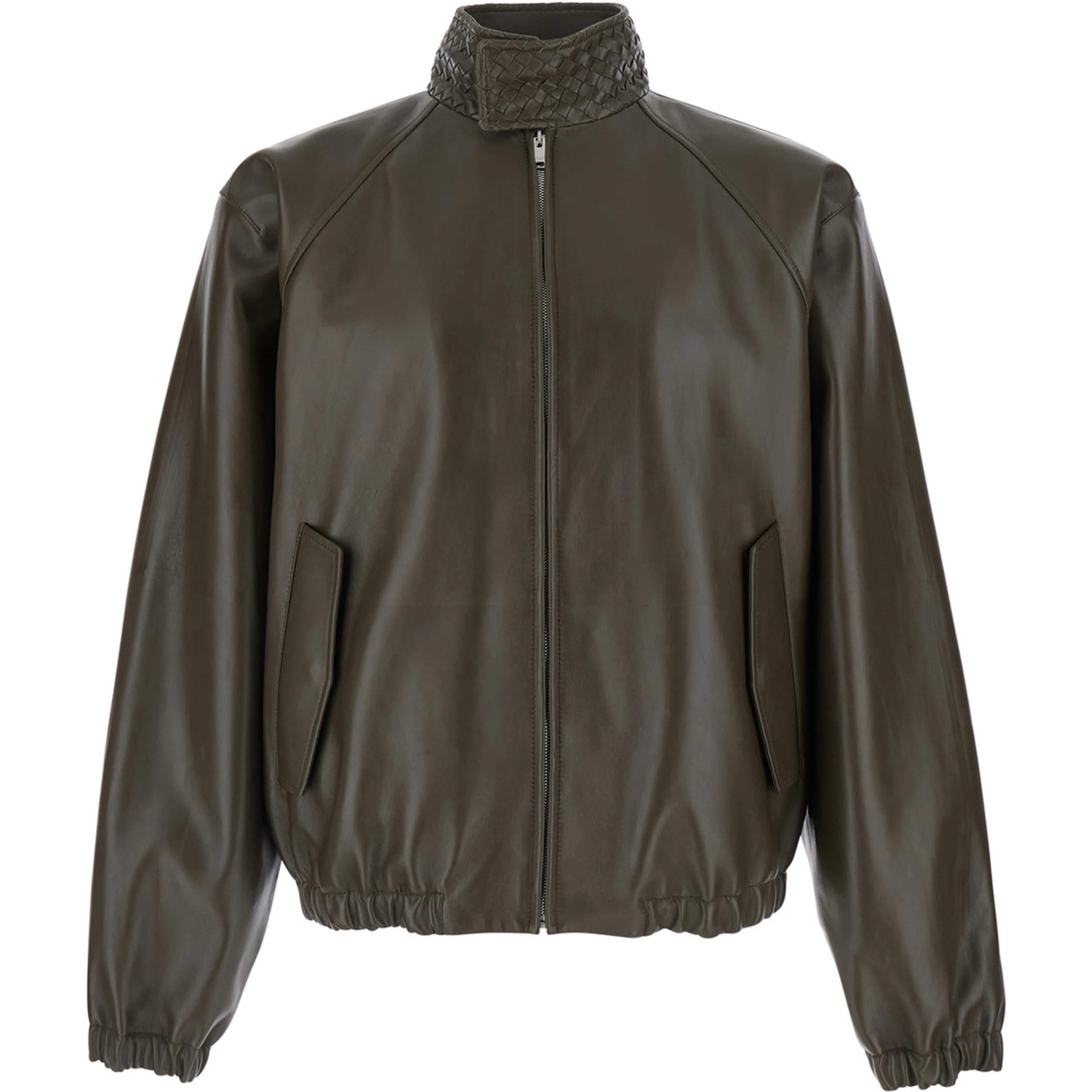 green Jacket with high collar with Intreccio Motif in leather for men