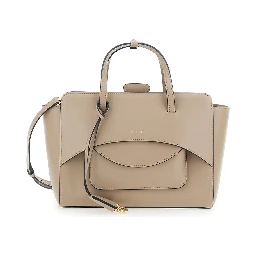 beige Handbag Medium with logo lettering on the front in leather for women