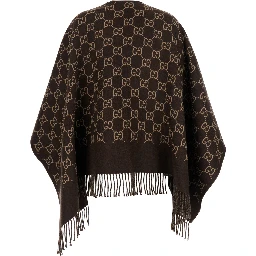 Cape with Fringes and GG All-Over Motif in Brown Wool for Women