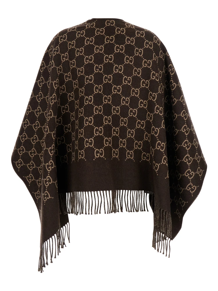 Cape with Fringes and GG All-Over Motif in Brown Wool for Women alternative
