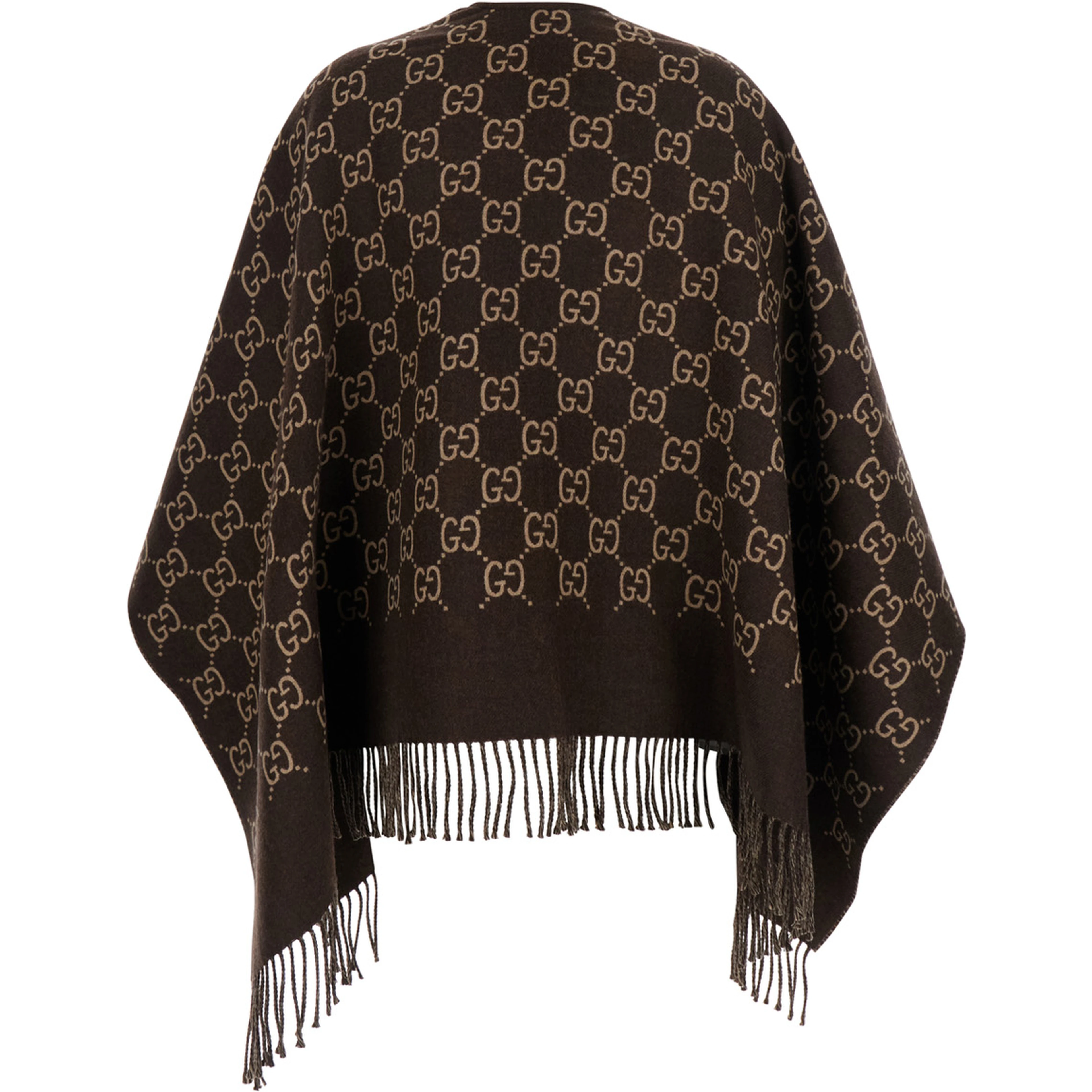 Cape with Fringes and GG All-Over Motif in Brown Wool for Women