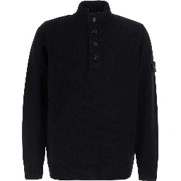 Black High-neck sweater with front buttons and logo patch on the sleeve in wool for men