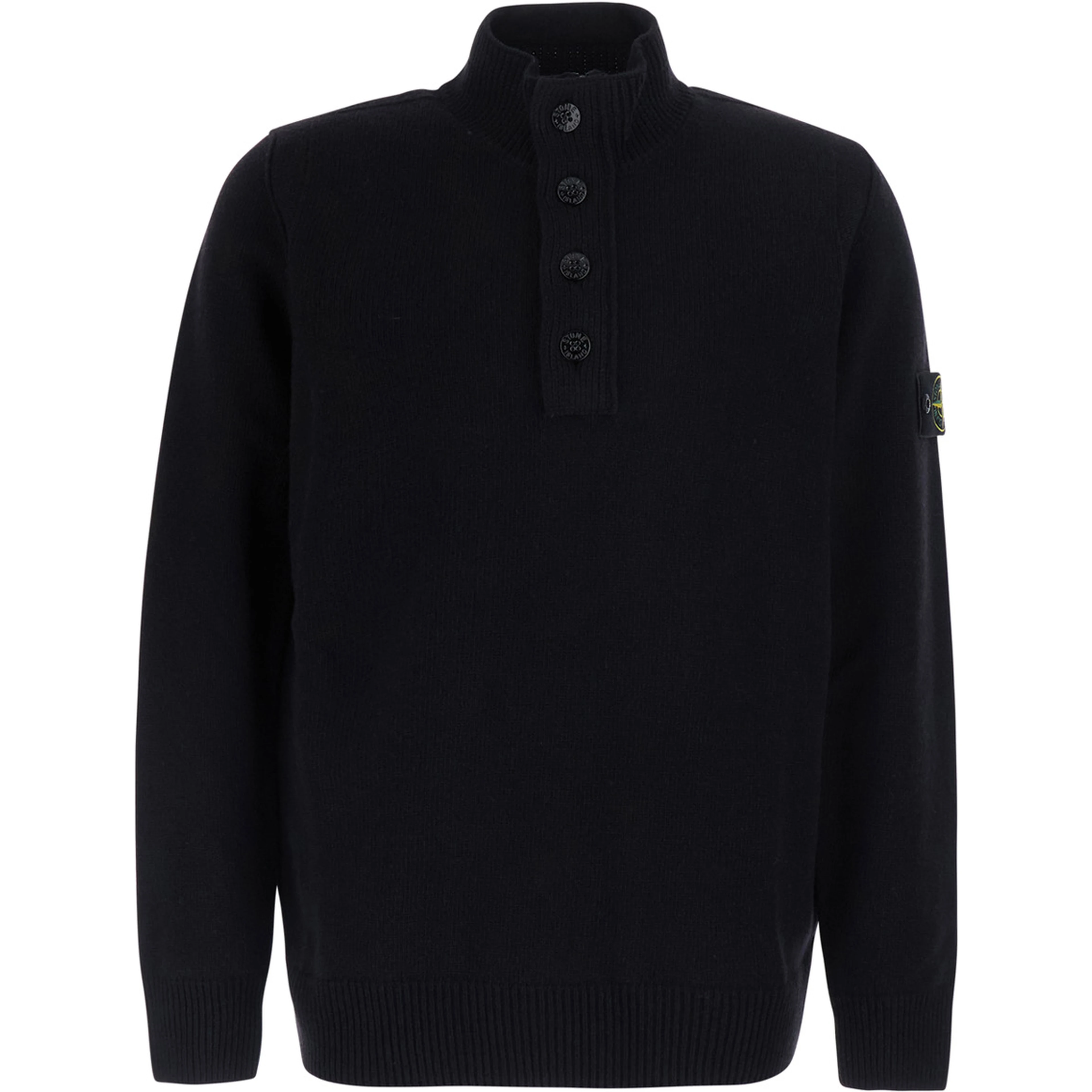 Black High-neck sweater with front buttons and logo patch on the sleeve in wool for men