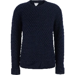 blue Sweater with round neck and woven Motif in wool for women