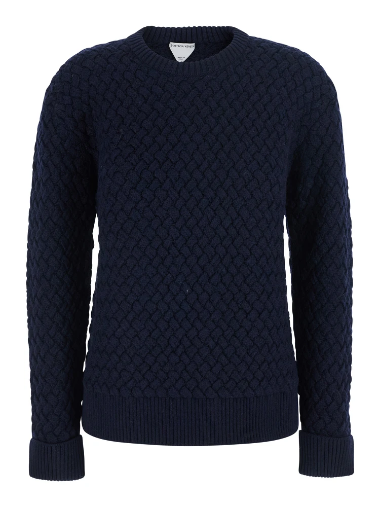 blue Sweater with round neck and woven Motif in wool for women