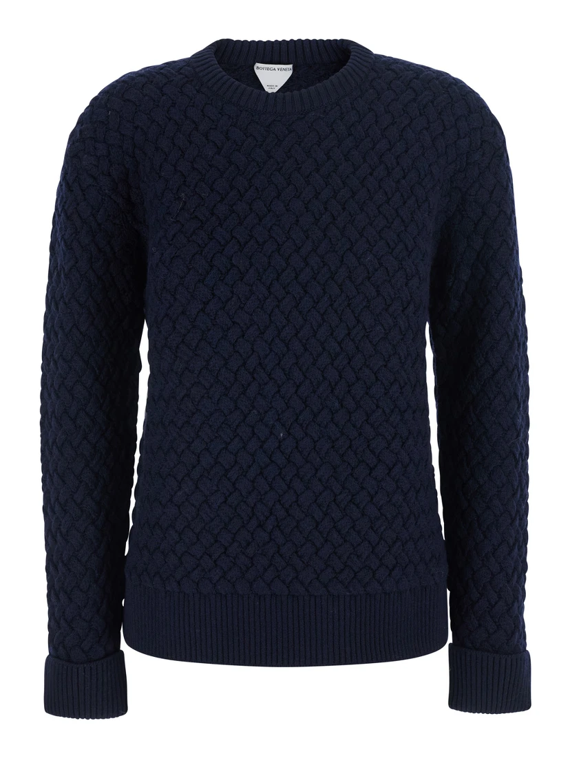 blue Sweater with round neck and woven Motif in wool for women