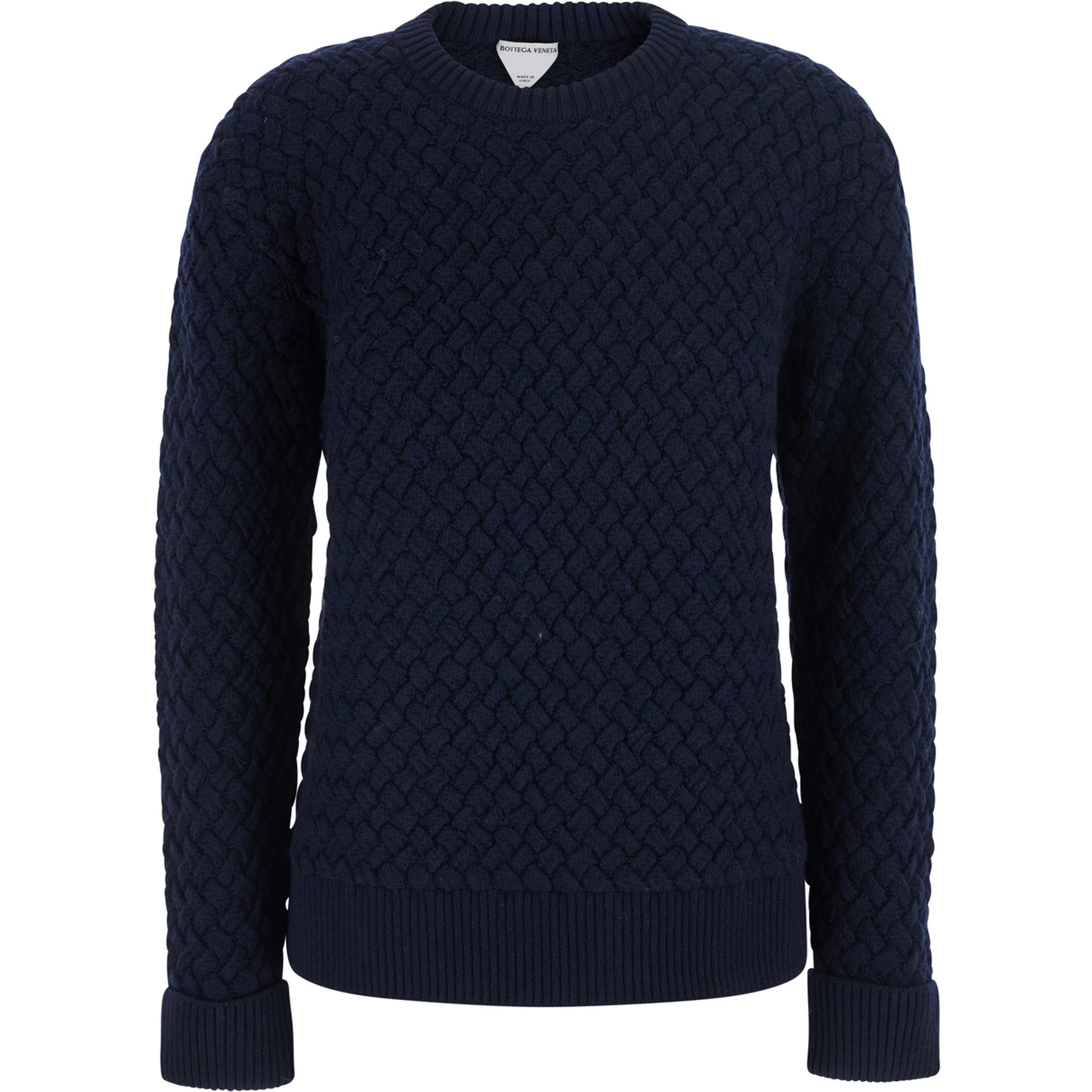 blue Sweater with round neck and woven Motif in wool for women