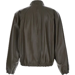 green Jacket with high collar with Intreccio Motif in leather for men