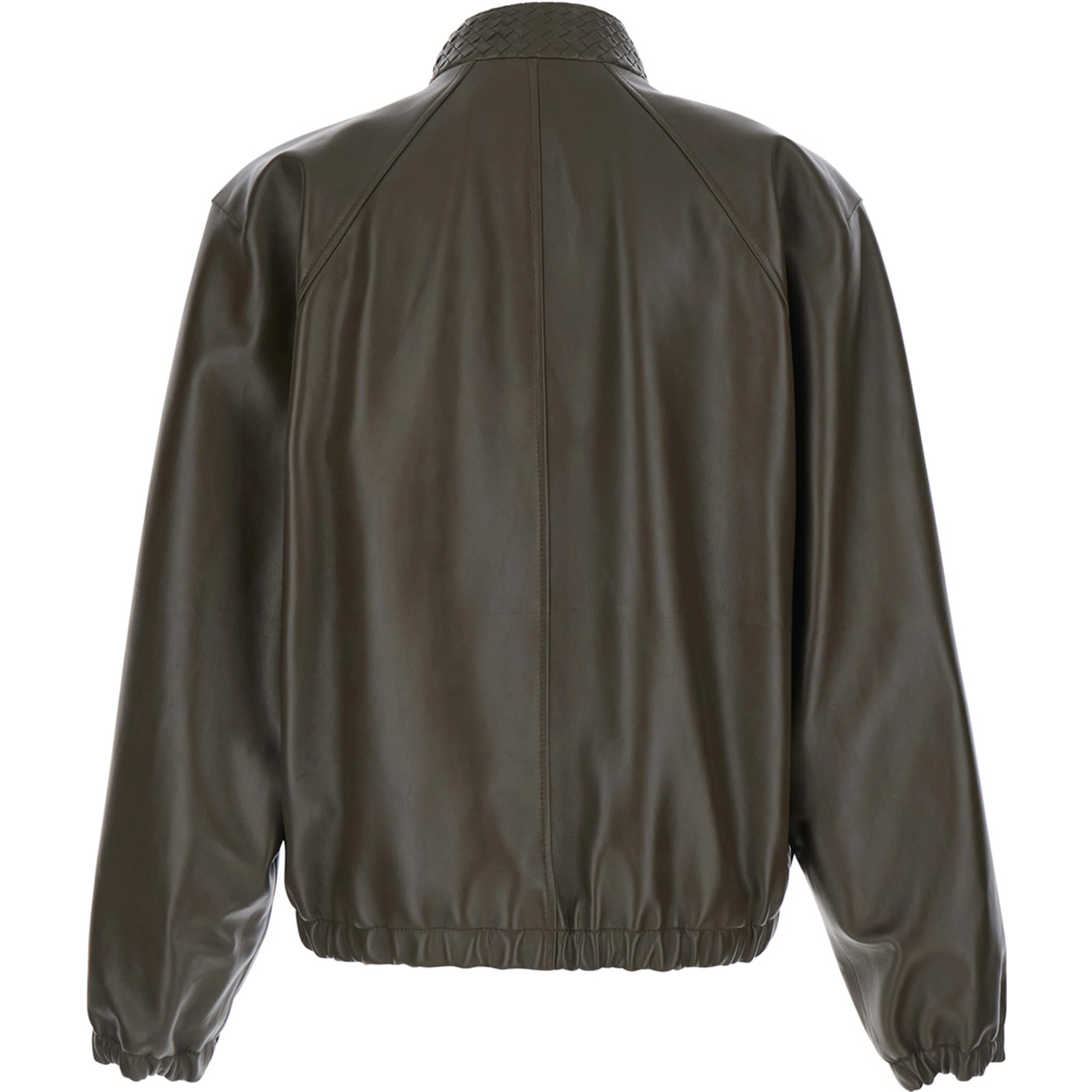 green Jacket with high collar with Intreccio Motif in leather for men