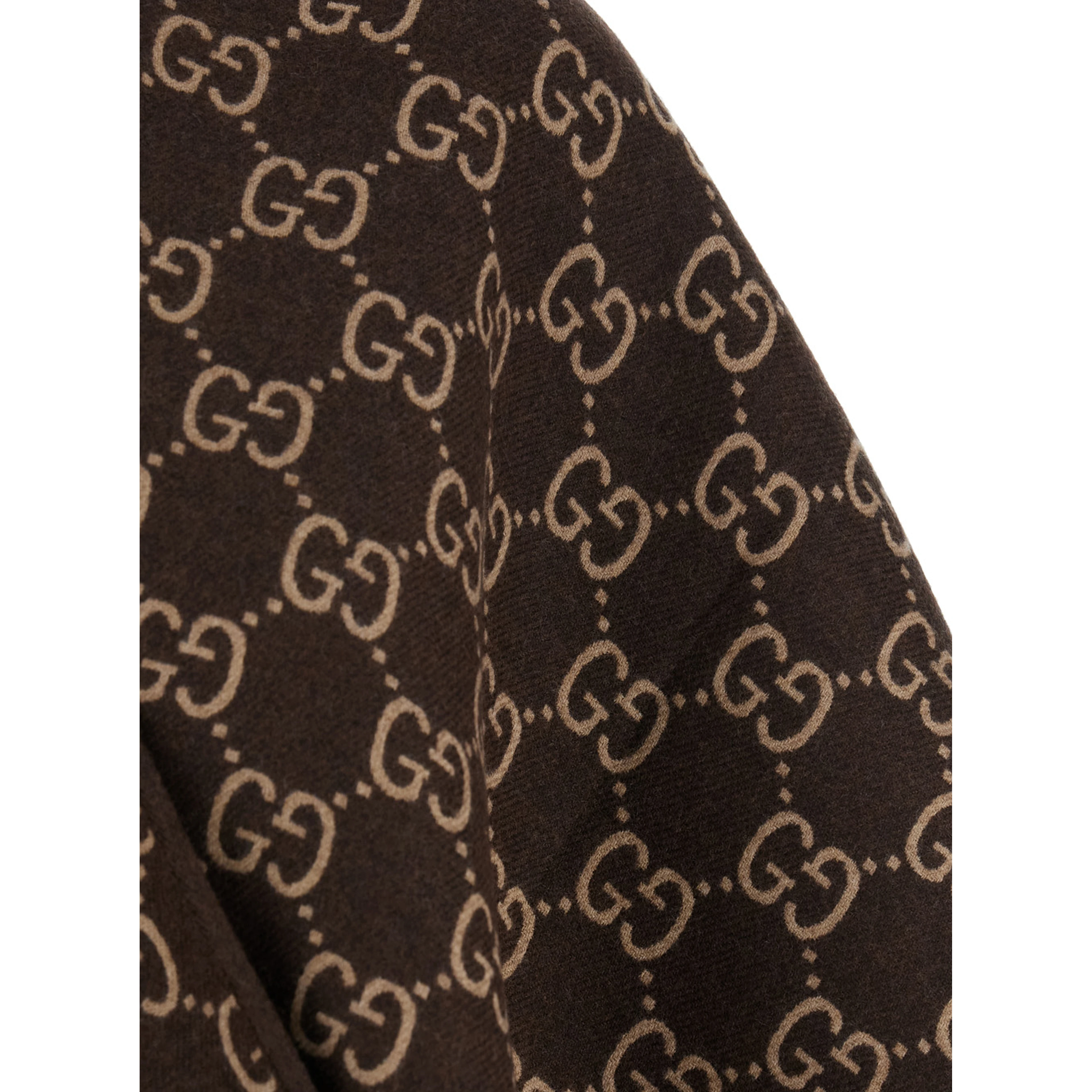 Cape with Fringes and GG All-Over Motif in Brown Wool for Women