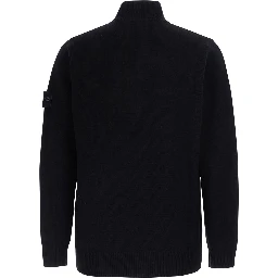 Black High-neck sweater with front buttons and logo patch on the sleeve in wool for men