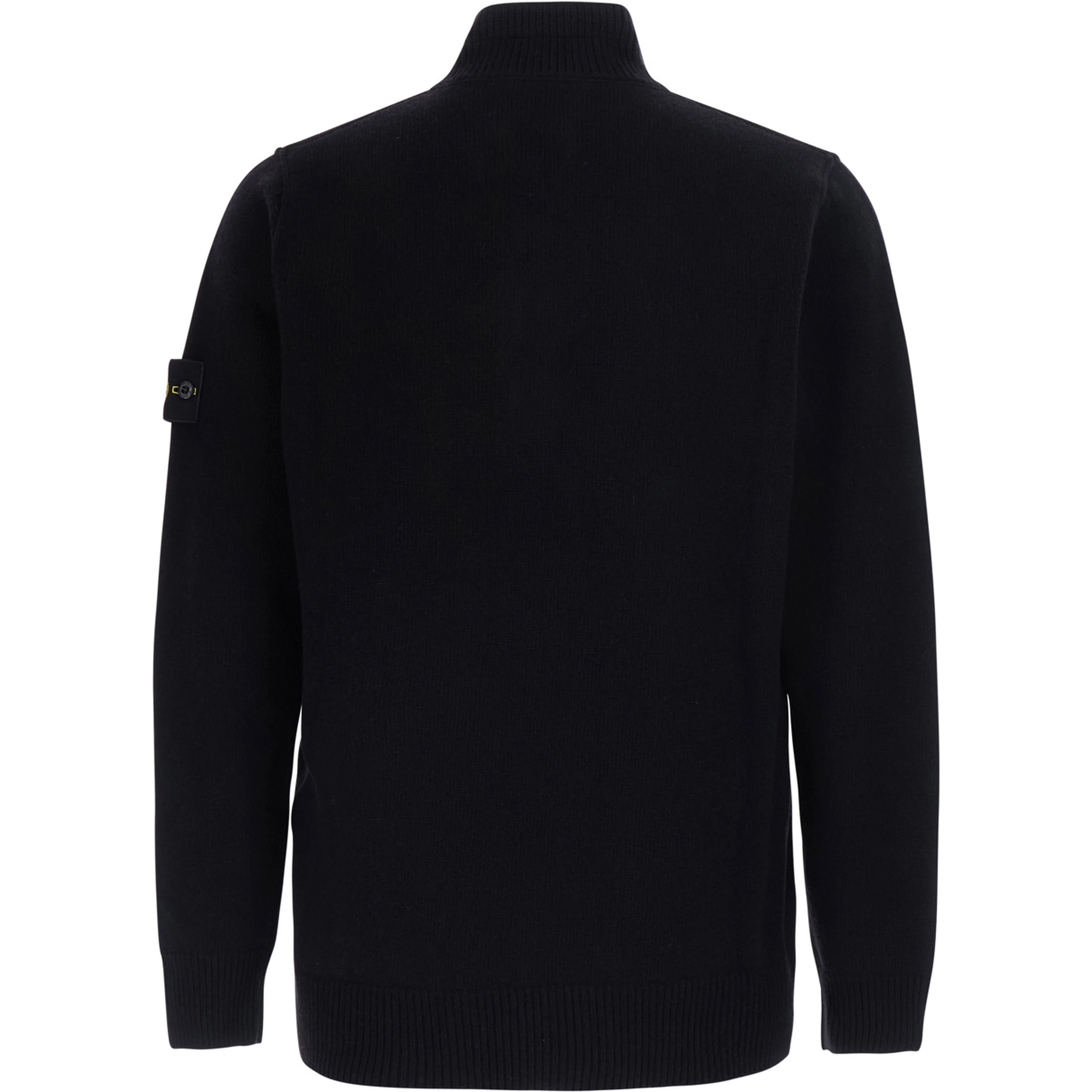 Black High-neck sweater with front buttons and logo patch on the sleeve in wool for men