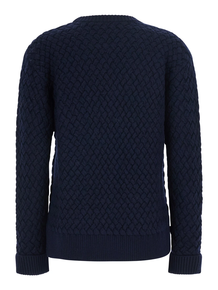 blue Sweater with round neck and woven Motif in wool for women
