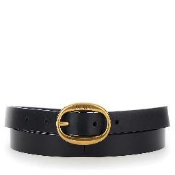 Black Belt with Oval Buckle Closure with Logo Lettering in  Leather for Women