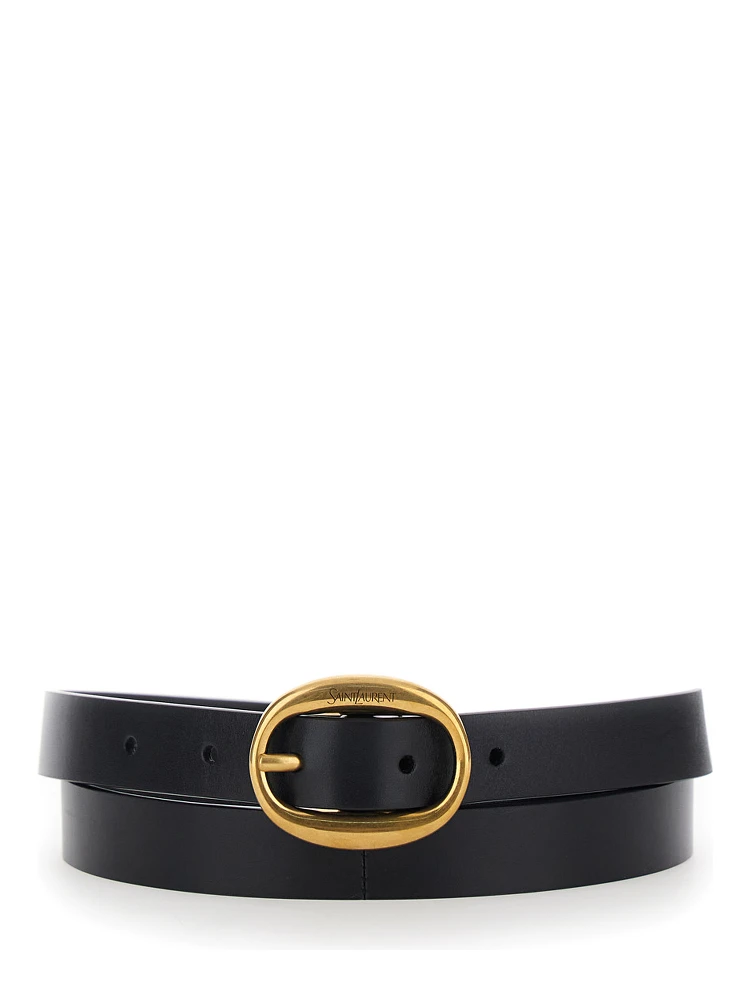Black Belt with Oval Buckle Closure with Logo Lettering in  Leather for Women