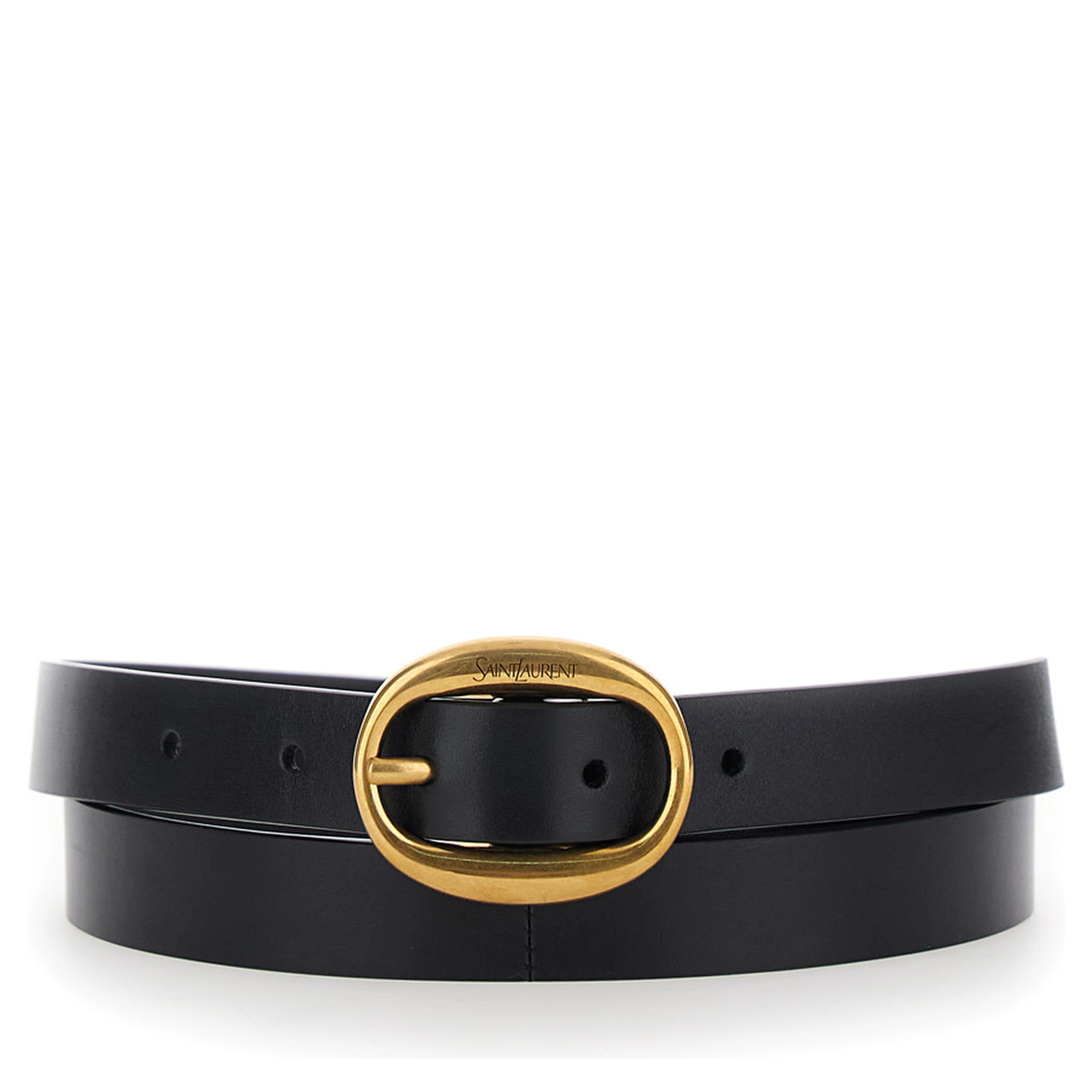 Black Belt with Oval Buckle Closure with Logo Lettering in  Leather for Women