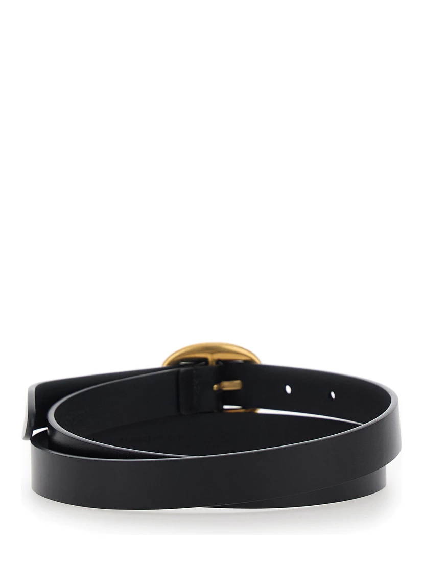 Black Belt with Oval Buckle Closure with Logo Lettering in  Leather for Women
