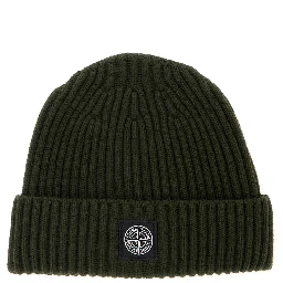Green Beanie with Ribbed Design and Logo Patch on Front in Wool Boy