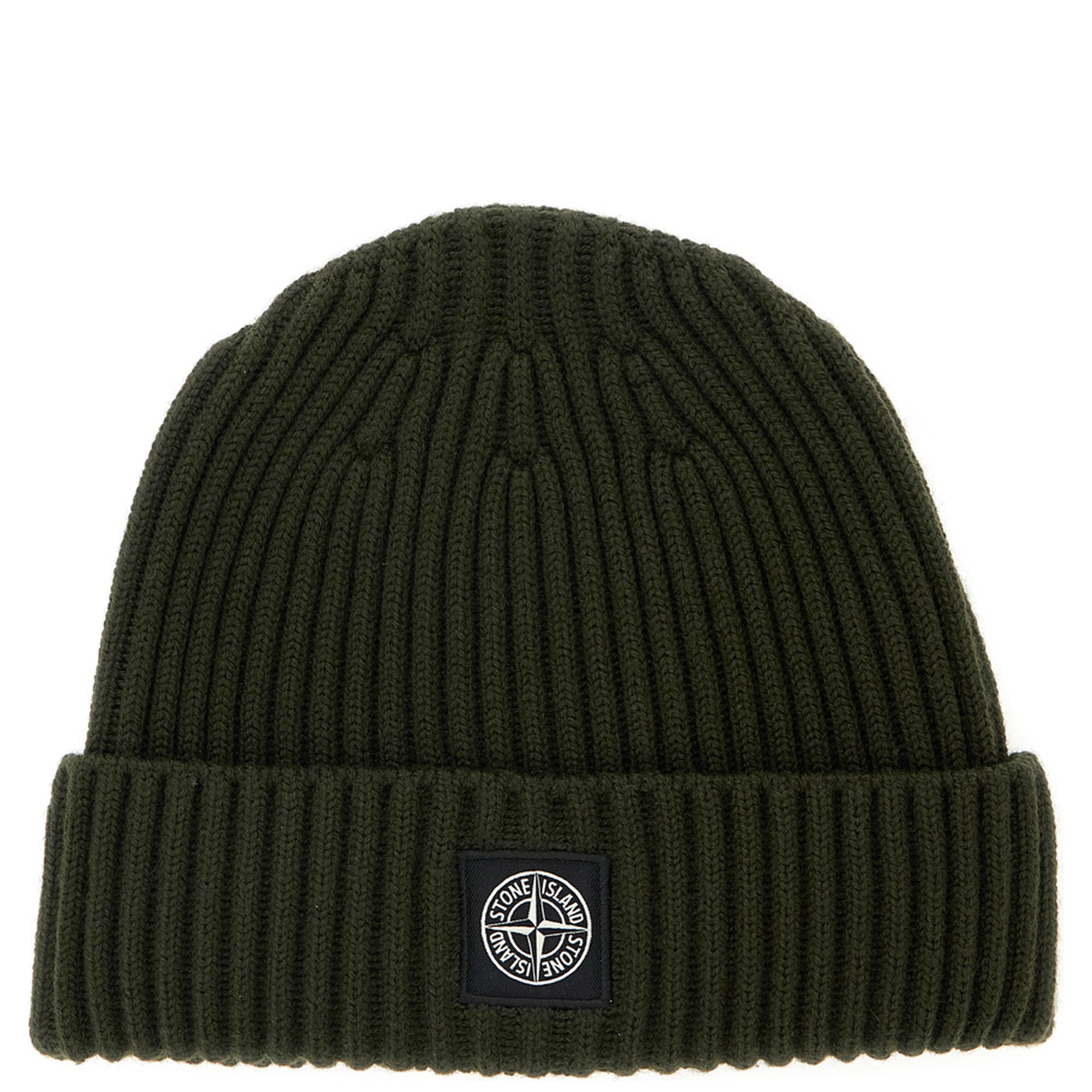 Green Beanie with Ribbed Design and Logo Patch on Front in Wool Boy