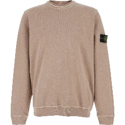Beige Crewneck Sweatshirt with Dropped Shoulders and Logo Patch on the Sleeve in Cotton for Men