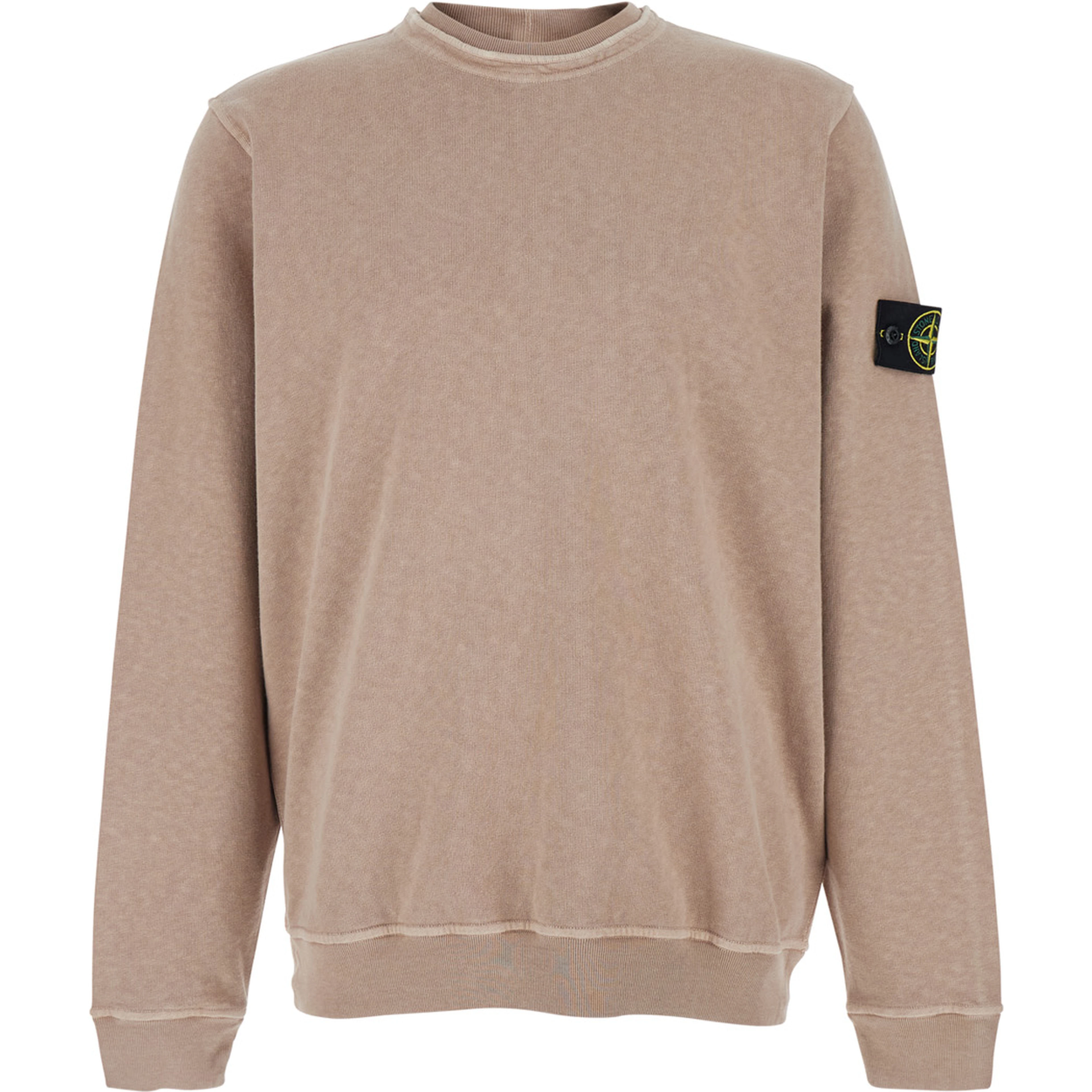 Beige Crewneck Sweatshirt with Dropped Shoulders and Logo Patch on the Sleeve in Cotton for Men