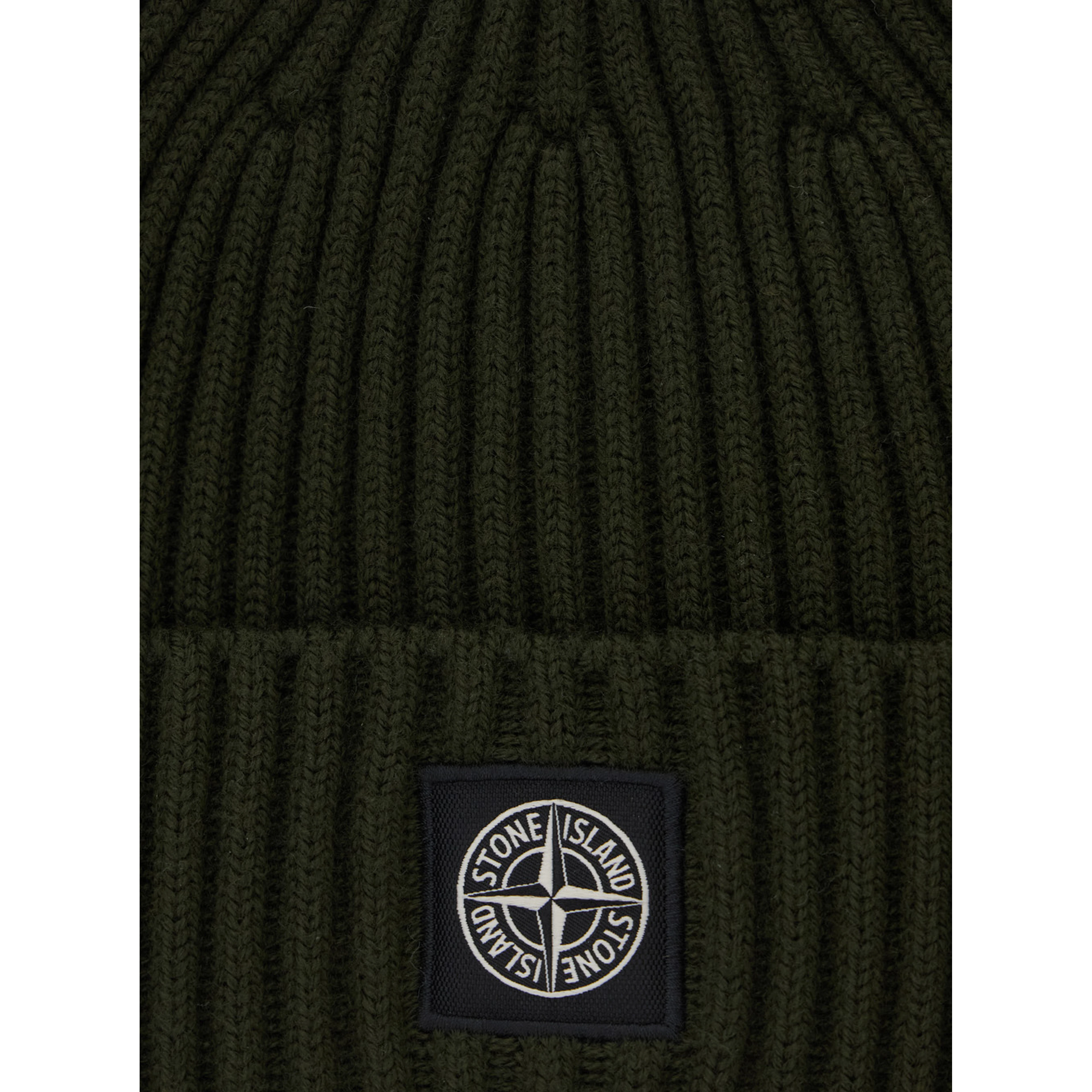 Green Beanie with Ribbed Design and Logo Patch on Front in Wool Boy
