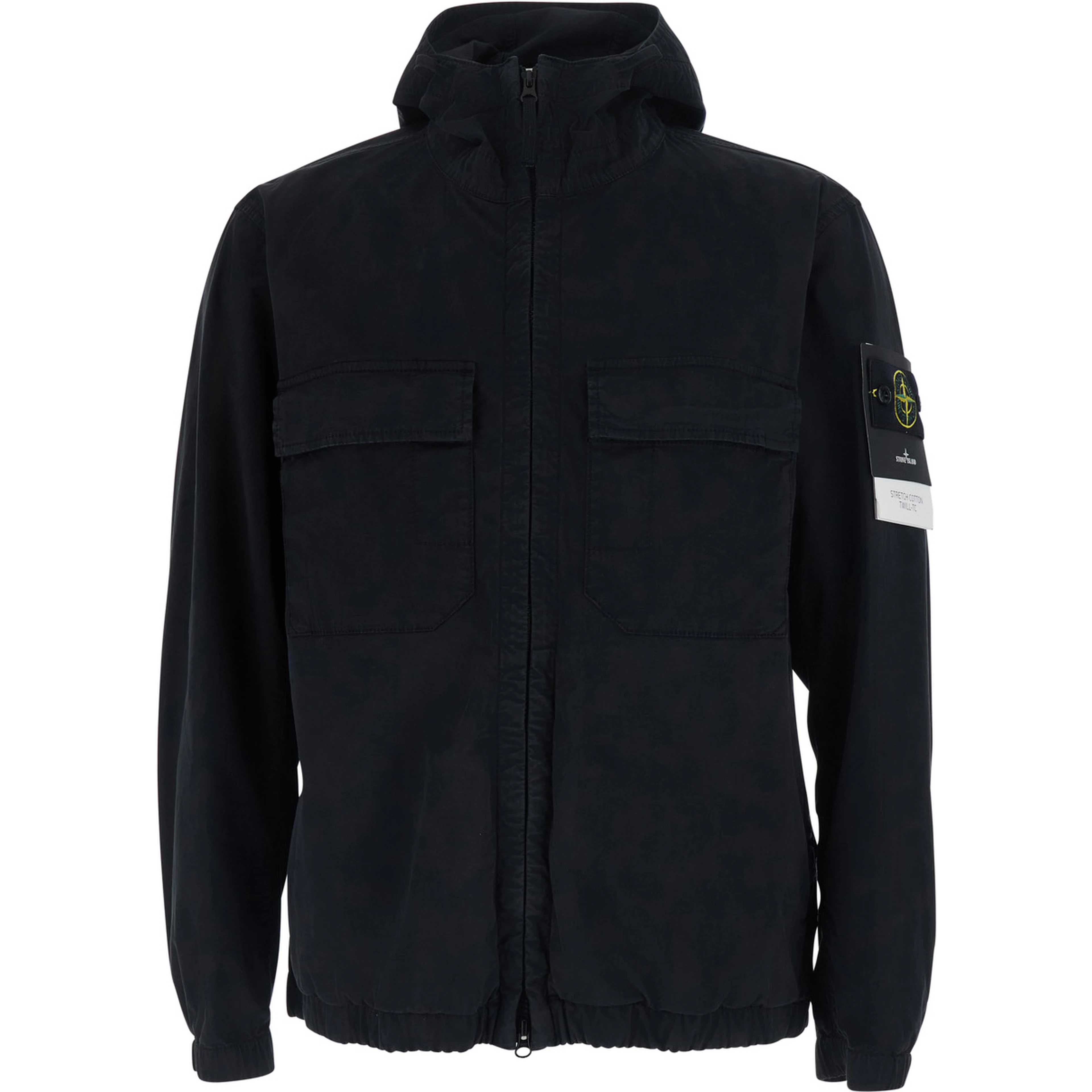 black Jacket with fixed hood and logo patch on the sleeve in cotton twill men