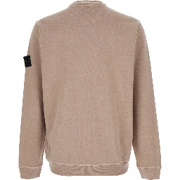 Beige Crewneck Sweatshirt with Dropped Shoulders and Logo Patch on the Sleeve in Cotton for Men