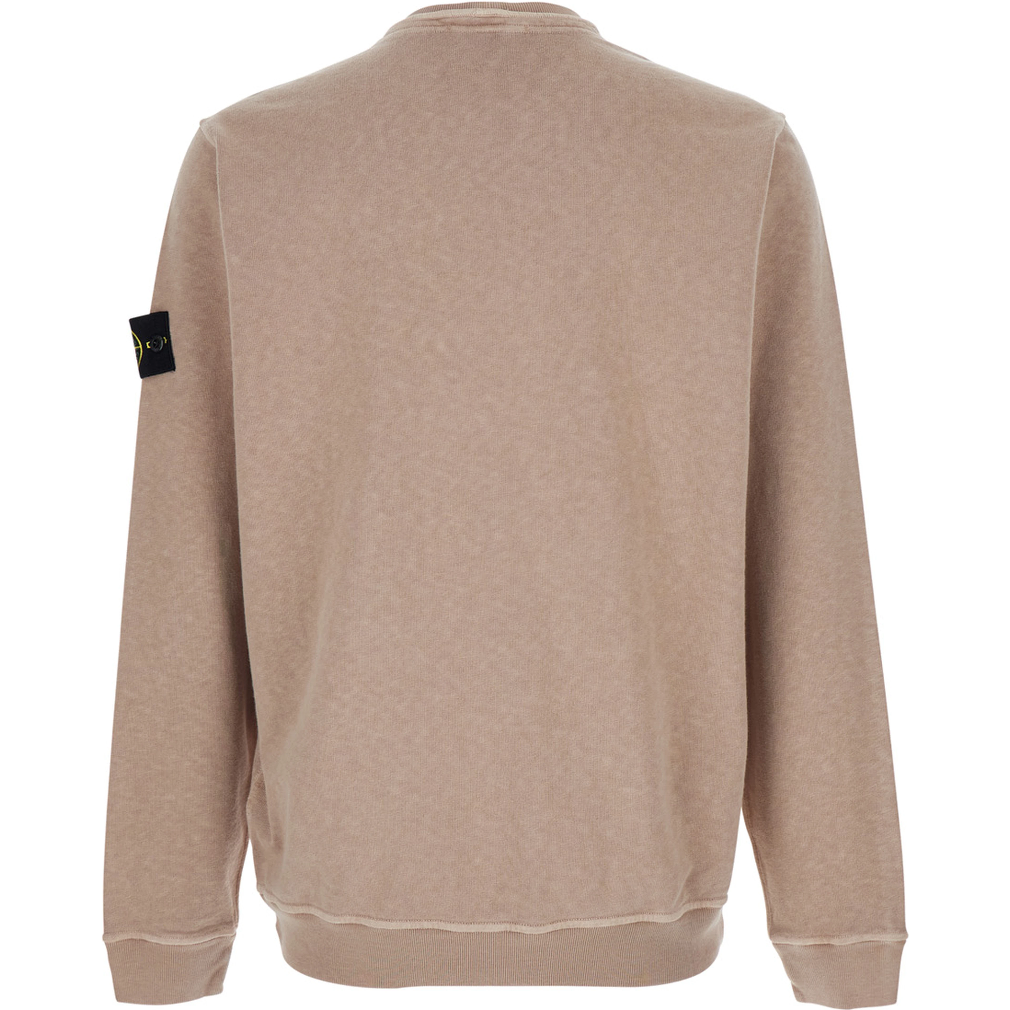 Beige Crewneck Sweatshirt with Dropped Shoulders and Logo Patch on the Sleeve in Cotton for Men