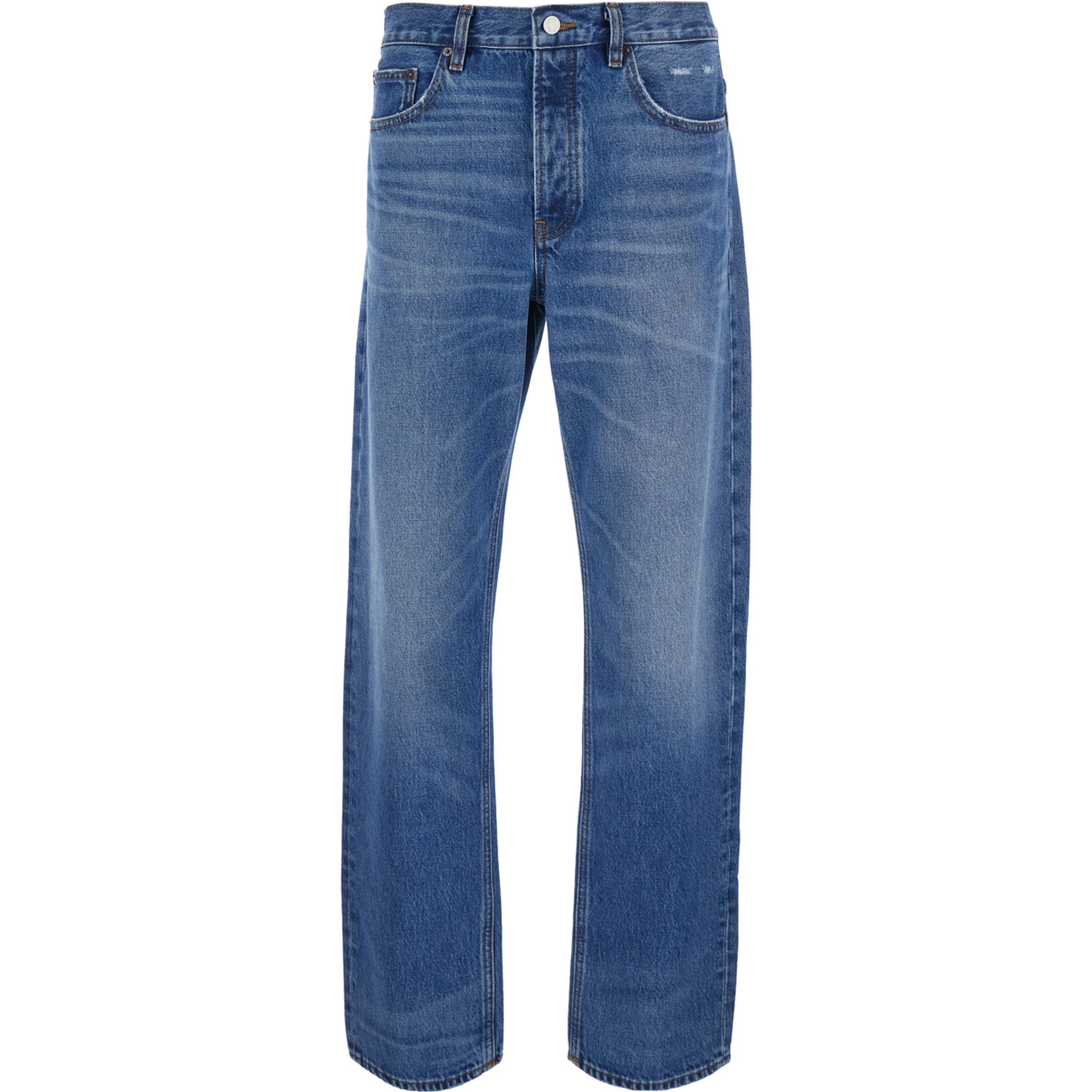 Blue Straight Jeans with Belt Loops in Denim for Men