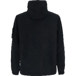 black Jacket with fixed hood and logo patch on the sleeve in cotton twill men