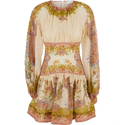 Indra Multicolor Crew Neck Mini Dress with Balloon Sleeves and All-Over Motif in Cotton Blend for Women