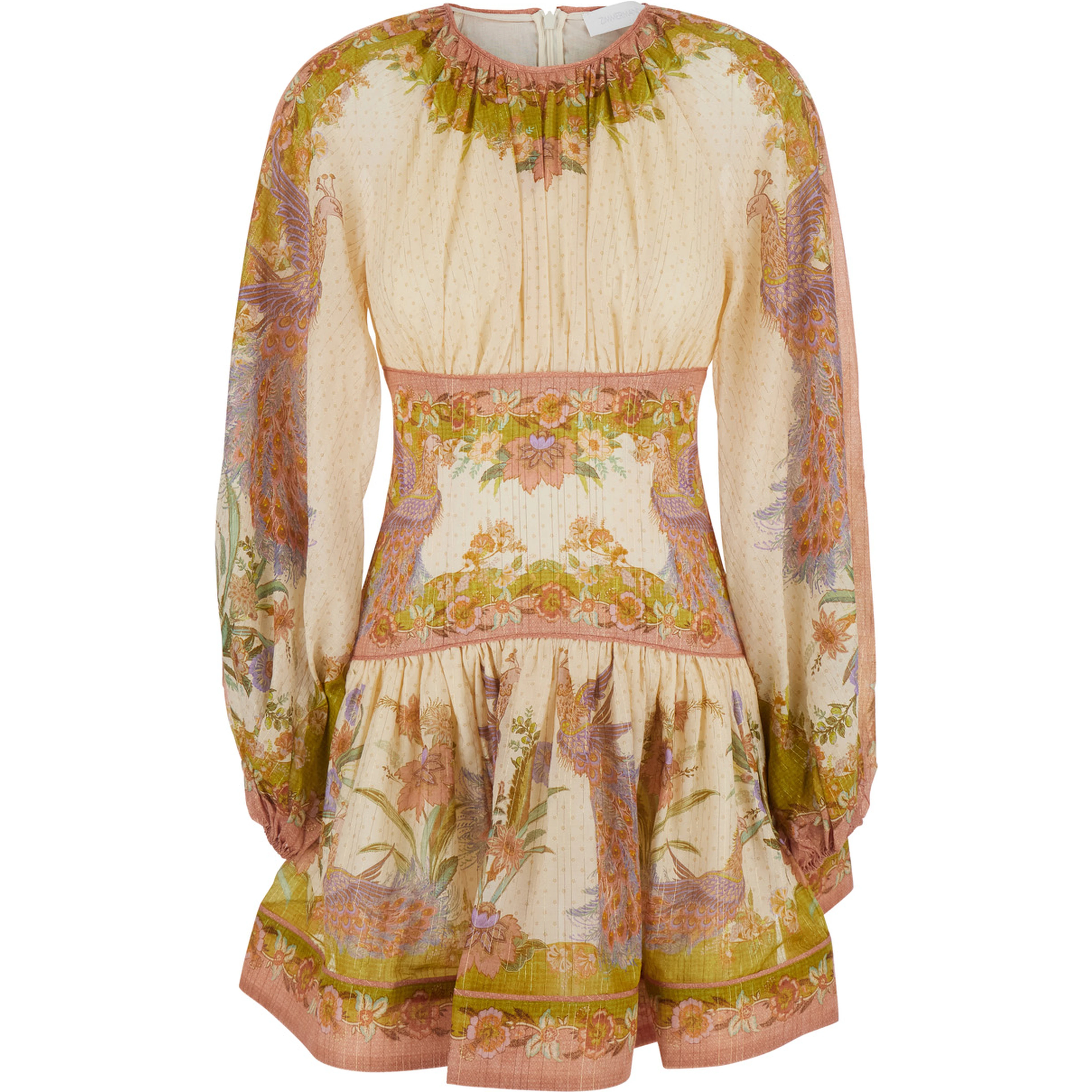 Indra Multicolor Crew Neck Mini Dress with Balloon Sleeves and All-Over Motif in Cotton Blend for Women