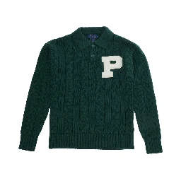 green Sweater with polo collar and embroidered logo on the front in cotton and wool boy