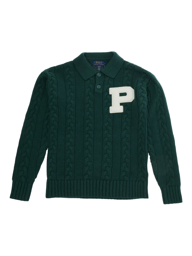 green Sweater with polo collar and embroidered logo on the front in cotton and wool boy